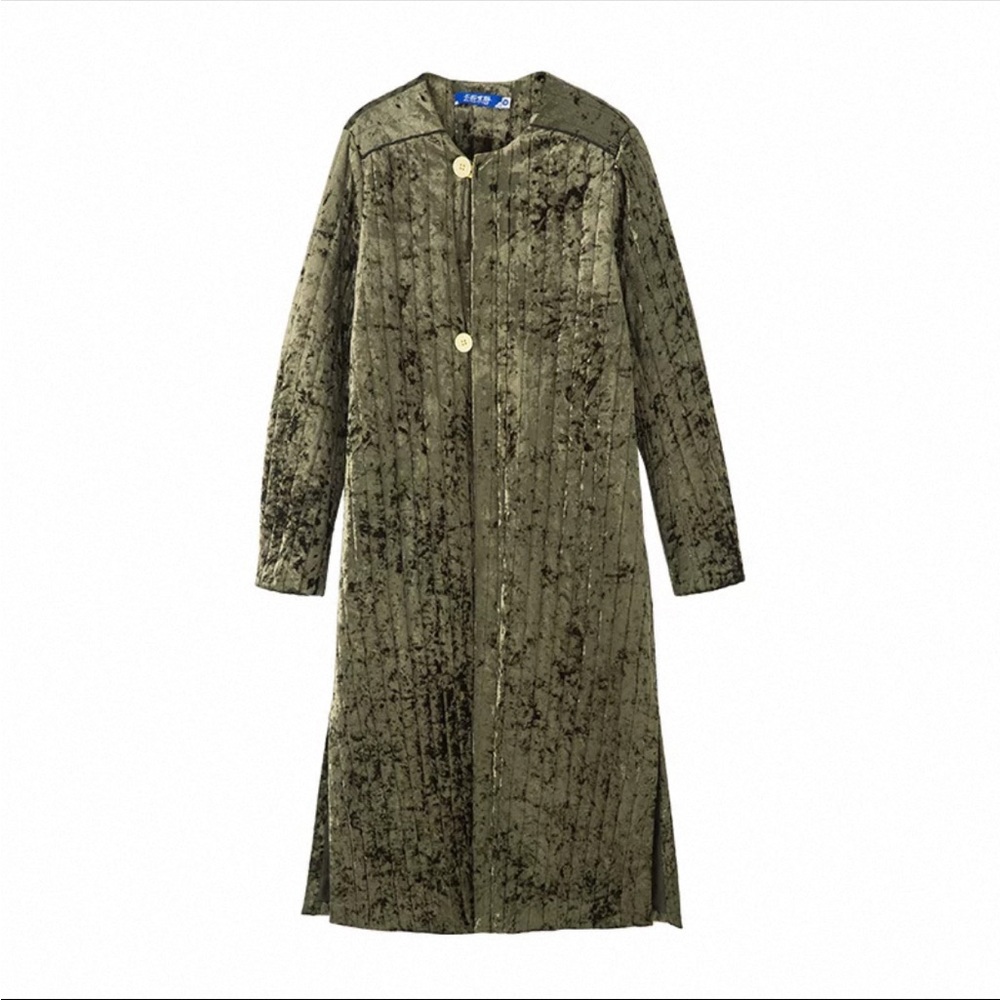 Olive Crushed Velvet Long Coat sizeS